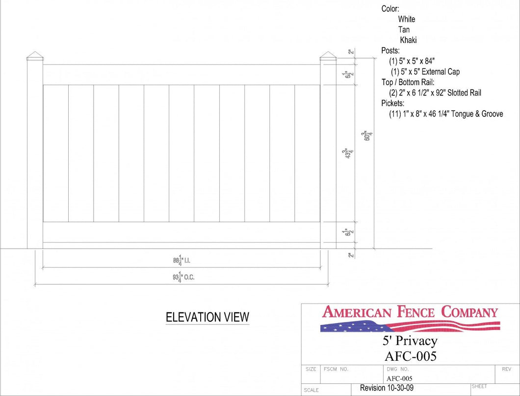 AFC-005   5' Tall x 8' Wide Privacy Fence