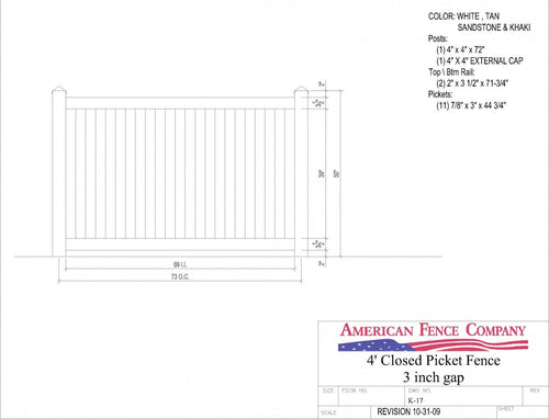 K-17   4' Tall x 6' Wide Closed Picket Fence with 3" Air Space - Sandstone