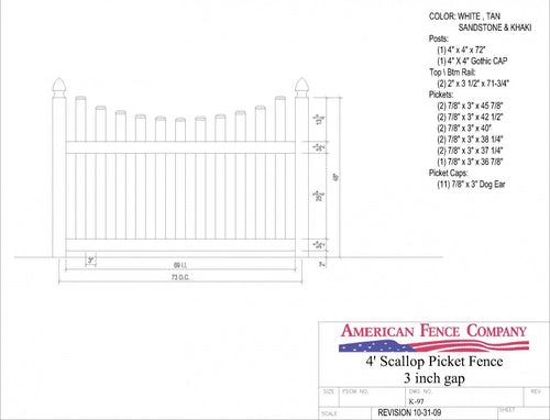 K-97   4' Tall x 6' Wide Underscallop Picket Fence with 3" Air Space - Sandstone