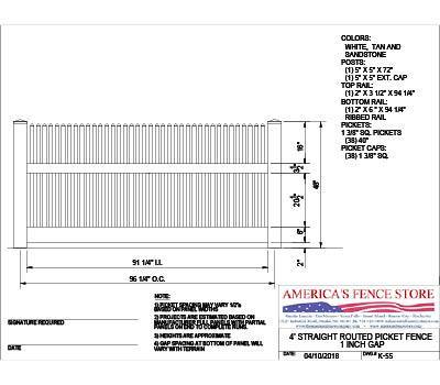 K-55   4' Tall x 8' Wide Straight Routed Picket Fence with 1